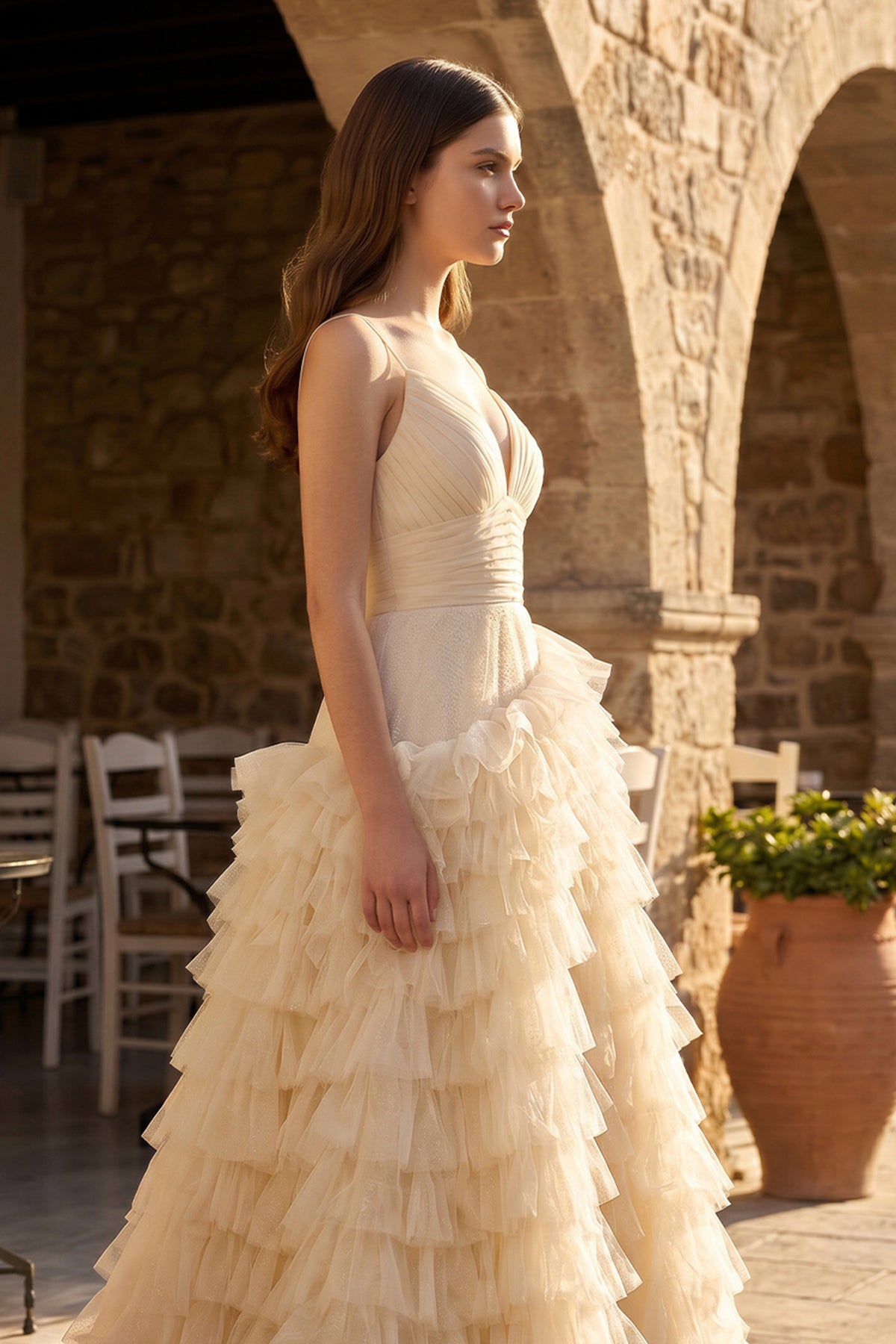 A-Line Spaghetti Straps Tiered Tulle Wedding Guest Dress - Curvevia