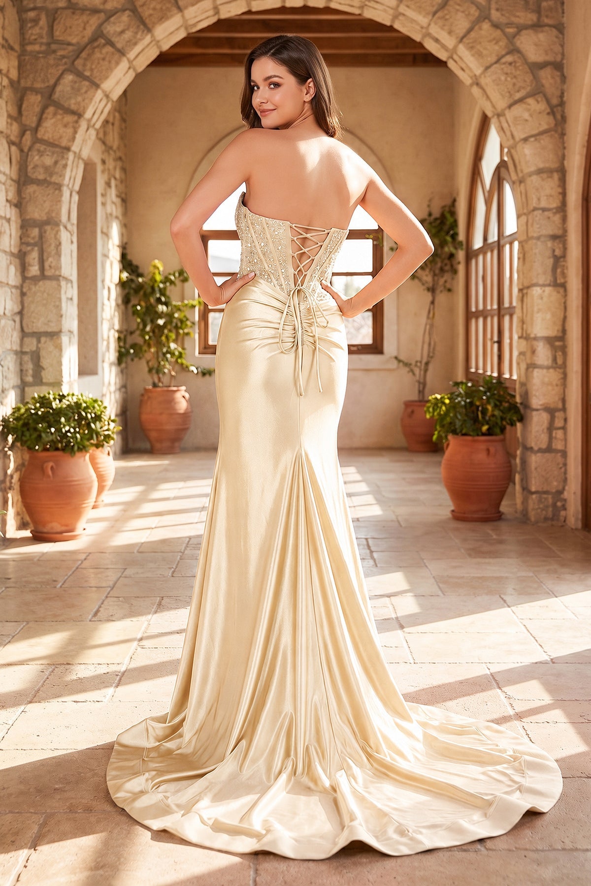 Fuchsia Beaded Strapless Applique Evening Dress with Slit - Curvevia