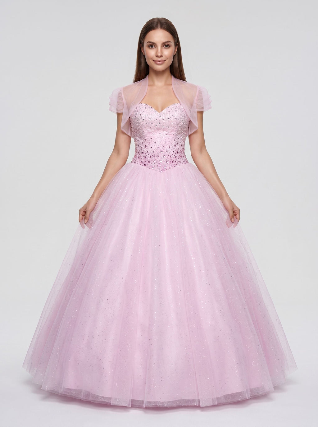 Blushing Pink Tulle A-Line Sweetheart Lace-up Floor-Length Dress with Beaded Corset Bodice - Curvevia