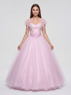 Blushing Pink Tulle A-Line Sweetheart Lace-up Floor-Length Dress with Beaded Corset Bodice - Curvevia