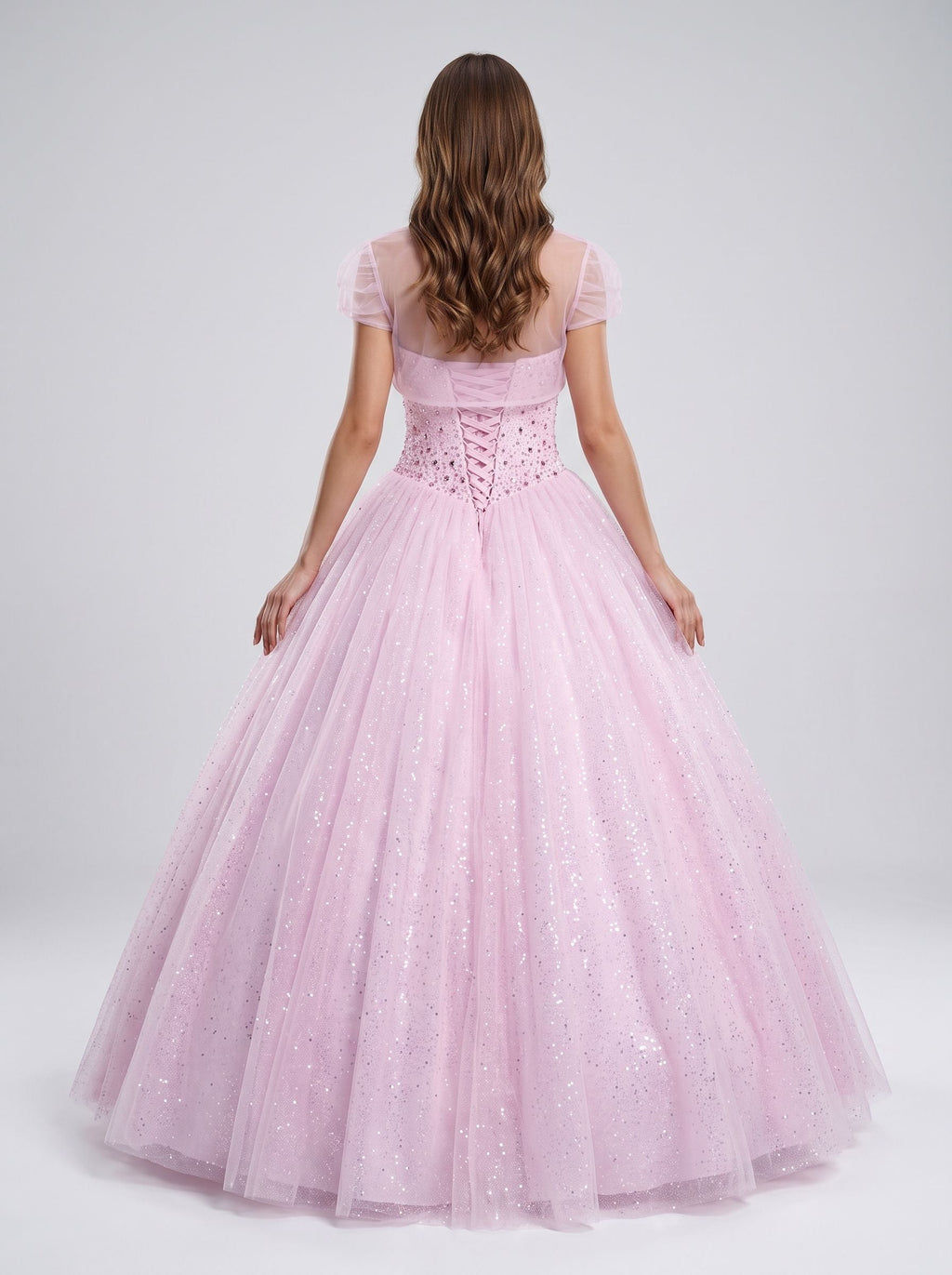 Blushing Pink Tulle A-Line Sweetheart Lace-up Floor-Length Dress with Beaded Corset Bodice - Curvevia