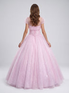 Blushing Pink Tulle A-Line Sweetheart Lace-up Floor-Length Dress with Beaded Corset Bodice - Curvevia