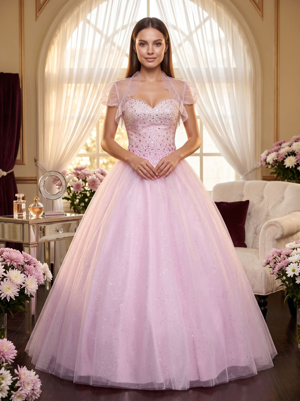 Blushing Pink Tulle A-Line Sweetheart Lace-up Floor-Length Dress with Beaded Corset Bodice - Curvevia