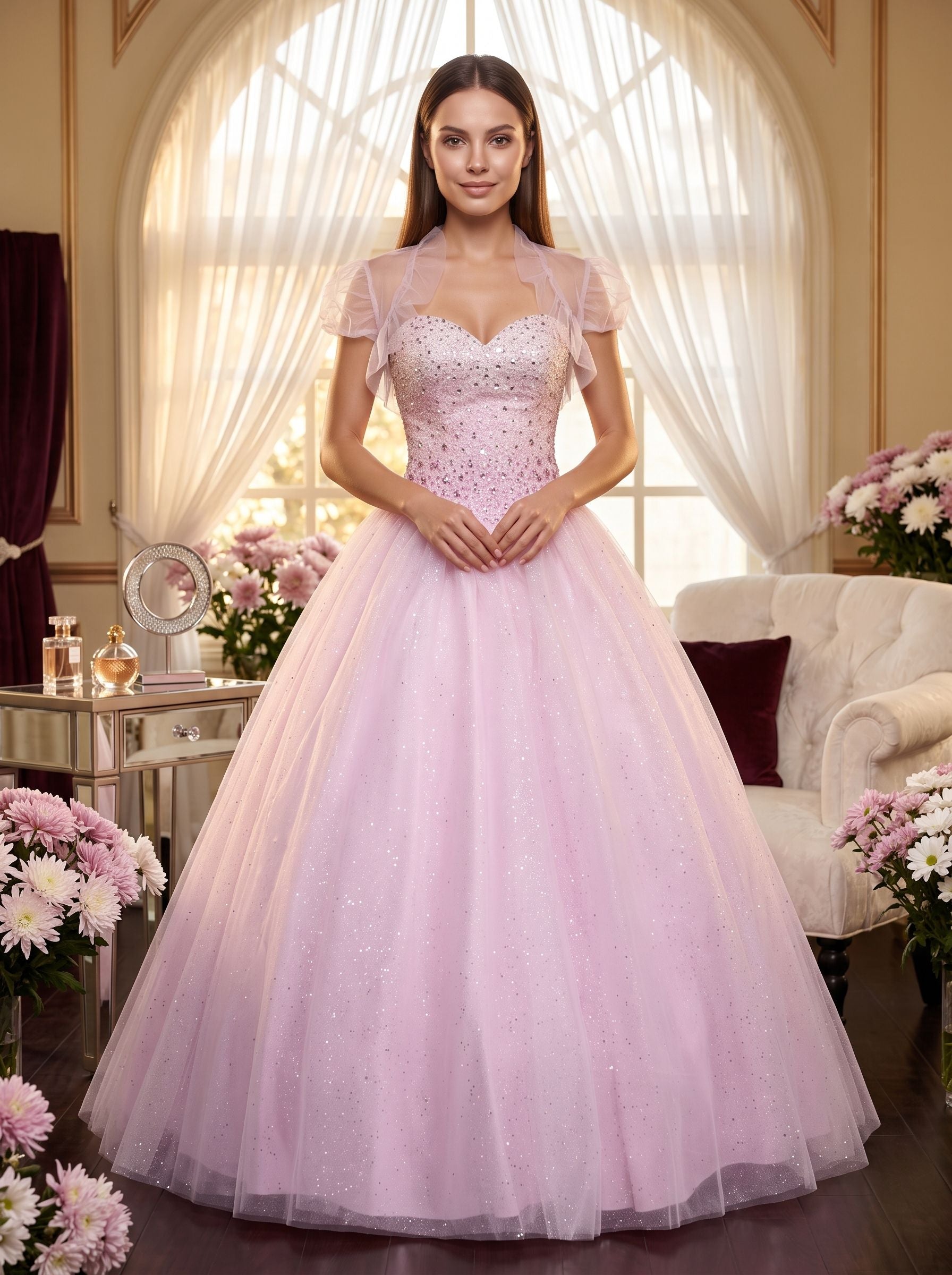 Blushing Pink Tulle A-Line Sweetheart Lace-up Floor-Length Dress with Beaded Corset Bodice - Curvevia
