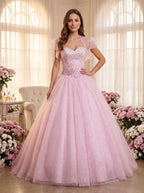 Blushing Pink Tulle A-Line Sweetheart Lace-up Floor-Length Dress with Beaded Corset Bodice - Curvevia