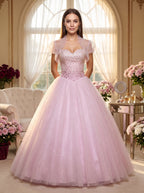 Blushing Pink Tulle A-Line Sweetheart Lace-up Floor-Length Dress with Beaded Corset Bodice - Curvevia
