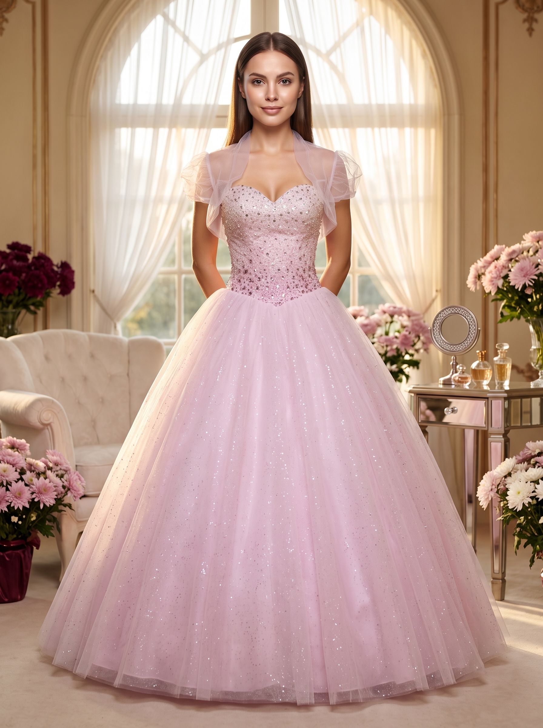 Blushing Pink Tulle A-Line Sweetheart Lace-up Floor-Length Dress with Beaded Corset Bodice - Curvevia