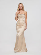 Champagne Satin Sheath Straight Neck Back Zip Floor-Length Dress with Sparkling Beaded Trim - Curvevia