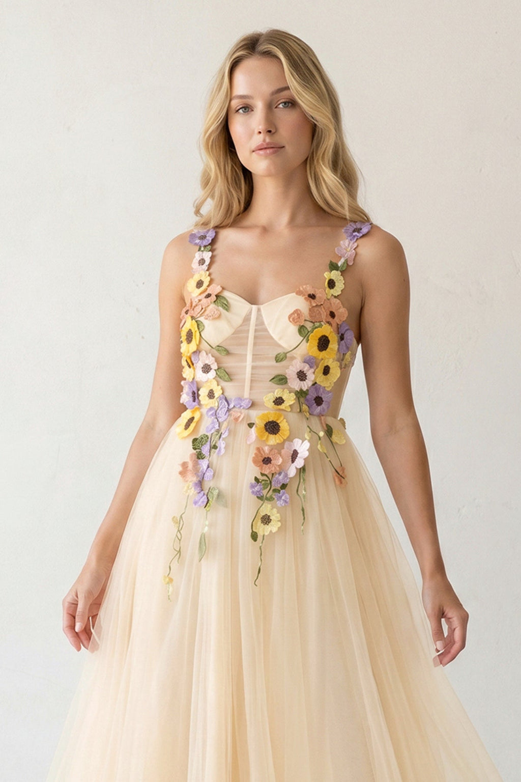 3D Flower Tulle Tea Length Wedding Guest Dress - Curvevia