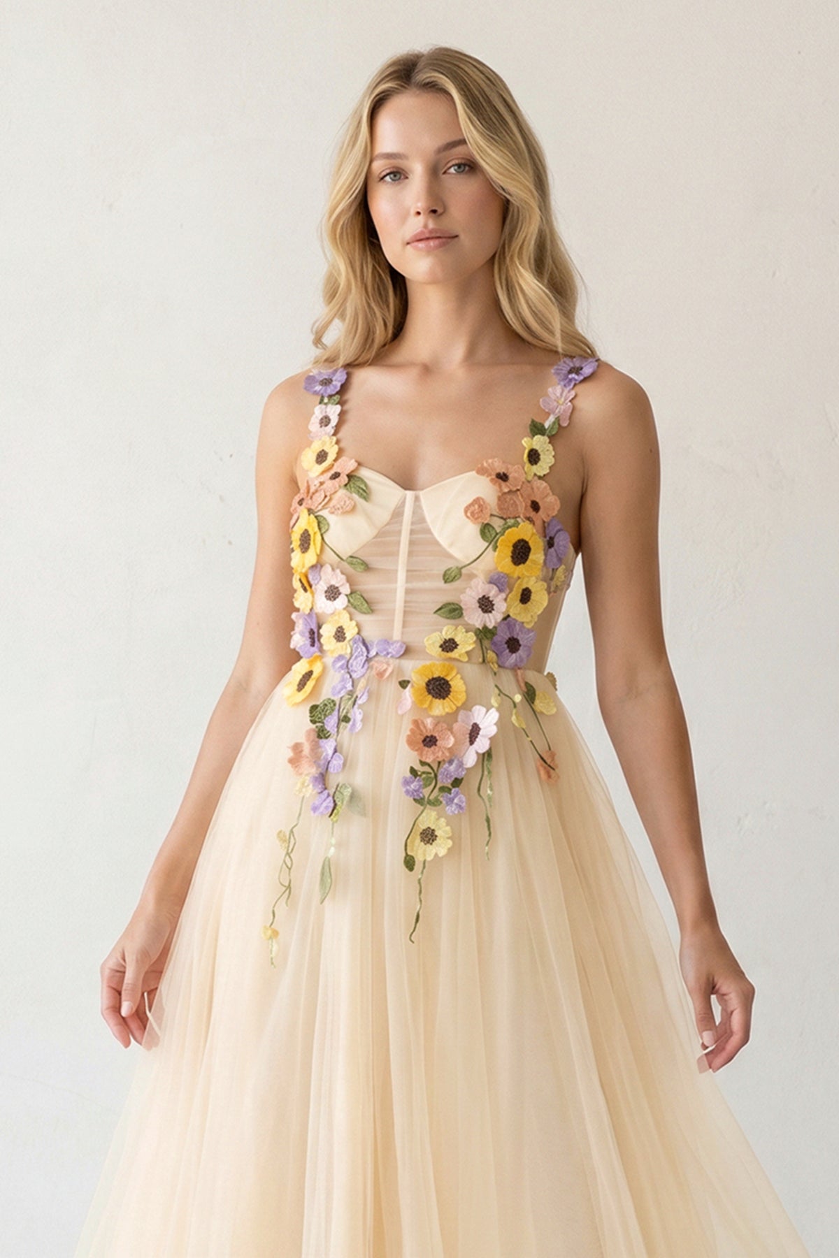 3D Flower Tulle Tea Length Wedding Guest Dress - Curvevia