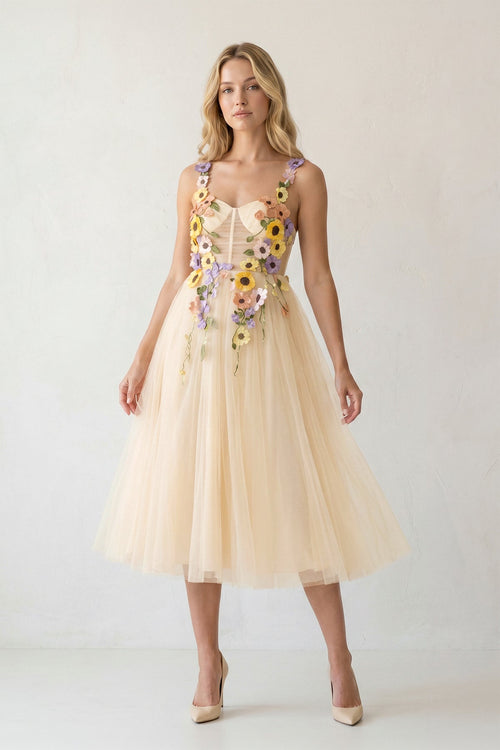 3D Flower Tulle Tea Length Wedding Guest Dress - Curvevia