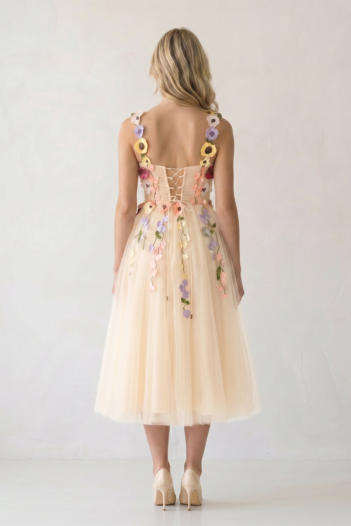 3D Flower Tulle Tea Length Wedding Guest Dress - Curvevia