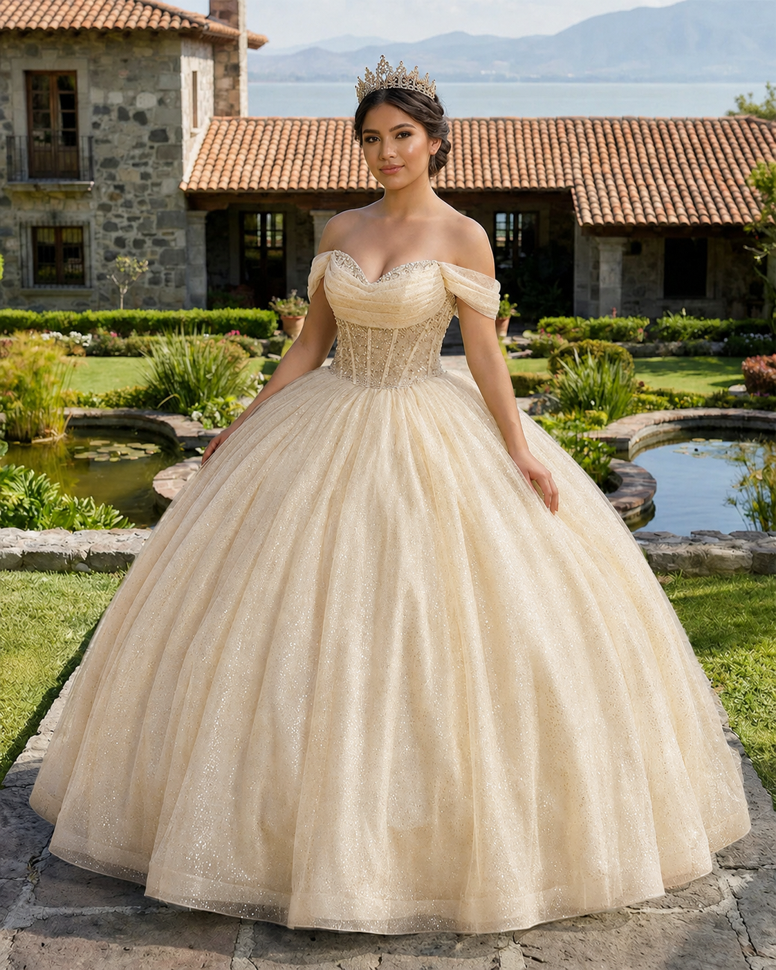 Glitter Off The Shoulder Beading Tulle Long Quinceanera Dresses - Curvevia