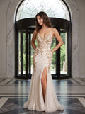 Sand Tulle Mermaid V-Neck Backless Floor-Length Dress with Glitter Print and Side Slit - Curvevia