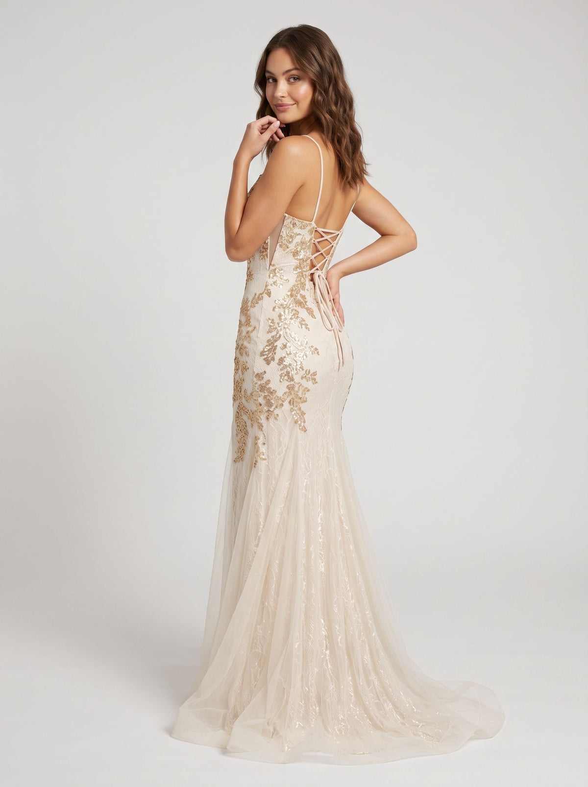 Sand Tulle Mermaid V-Neck Backless Floor-Length Dress with Glitter Print and Side Slit - Curvevia