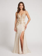 Sand Tulle Mermaid V-Neck Backless Floor-Length Dress with Glitter Print and Side Slit - Curvevia