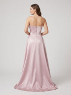 Pink Sequin A-Line Straight Neck Back Zip Floor-Length Dress - Curvevia