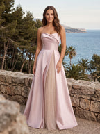 Pink Sequin A-Line Straight Neck Back Zip Floor-Length Dress - Curvevia