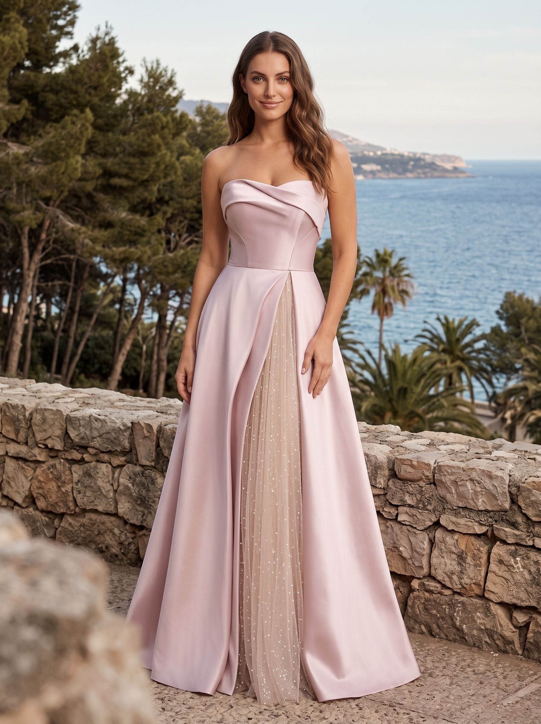 Pink Sequin A-Line Straight Neck Back Zip Floor-Length Dress - Curvevia