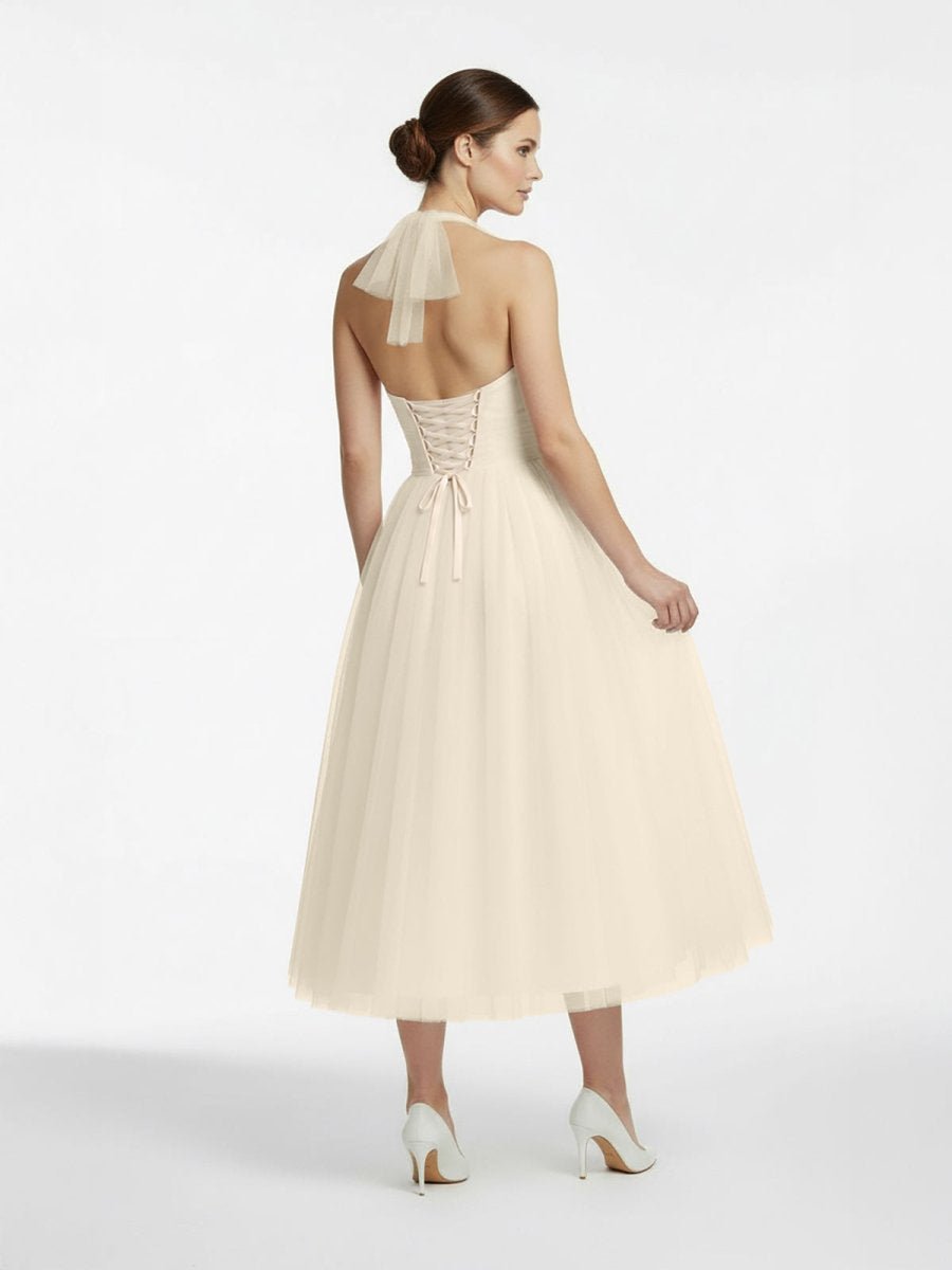 Halter A-Line Tea Length Tulle Wedding Dress With Ruching - Curvevia
