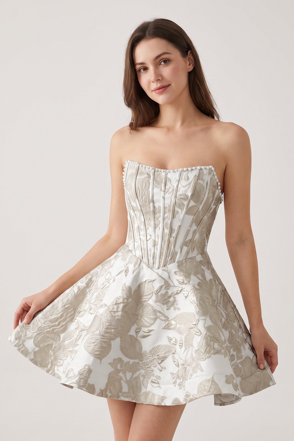 Pink Jacquard A-Line Strapless Corset Homecoming Dress With Pearl - Curvevia