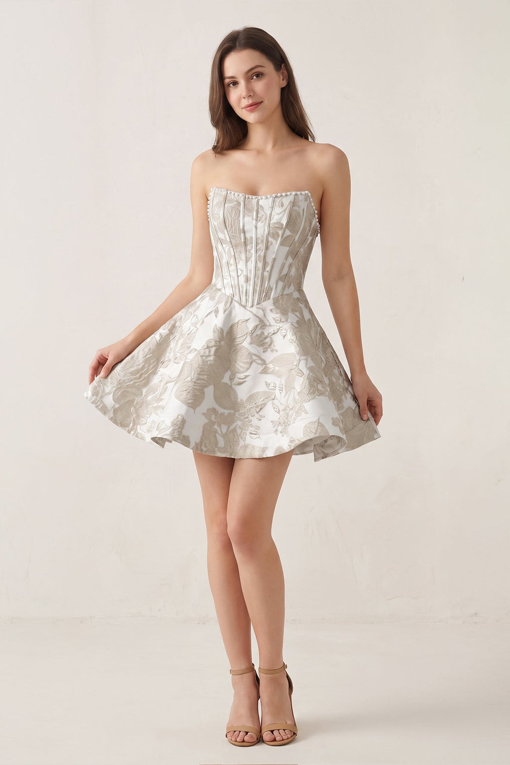 Pink Jacquard A-Line Strapless Corset Homecoming Dress With Pearl - Curvevia