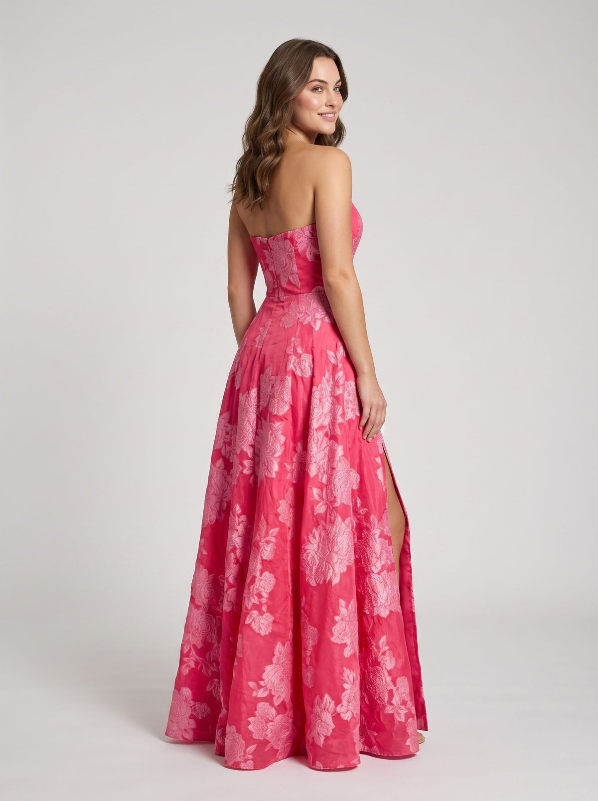 Pink Jacquard A-Line Straight Neck Back Zip Floor-Length Dress with Floral Embroidery - Curvevia