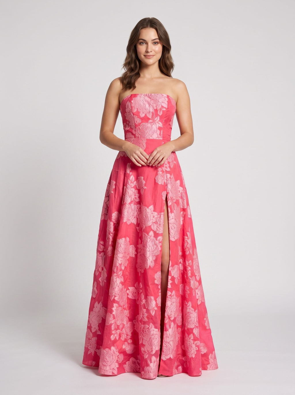Pink Jacquard A-Line Straight Neck Back Zip Floor-Length Dress with Floral Embroidery - Curvevia