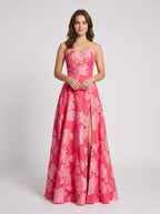 Pink Jacquard A-Line Straight Neck Back Zip Floor-Length Dress with Floral Embroidery - Curvevia