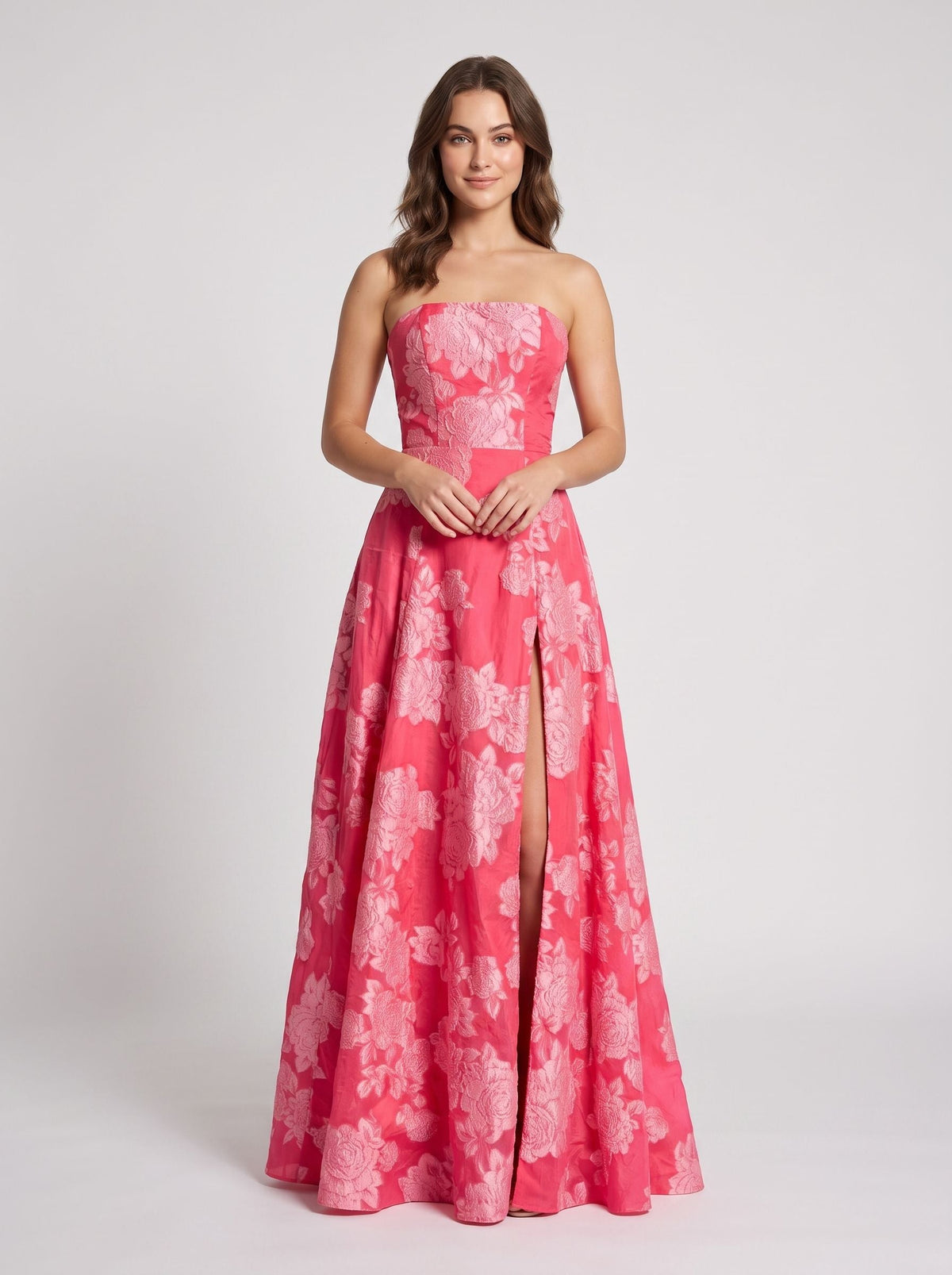 Pink Jacquard A-Line Straight Neck Back Zip Floor-Length Dress with Floral Embroidery - Curvevia