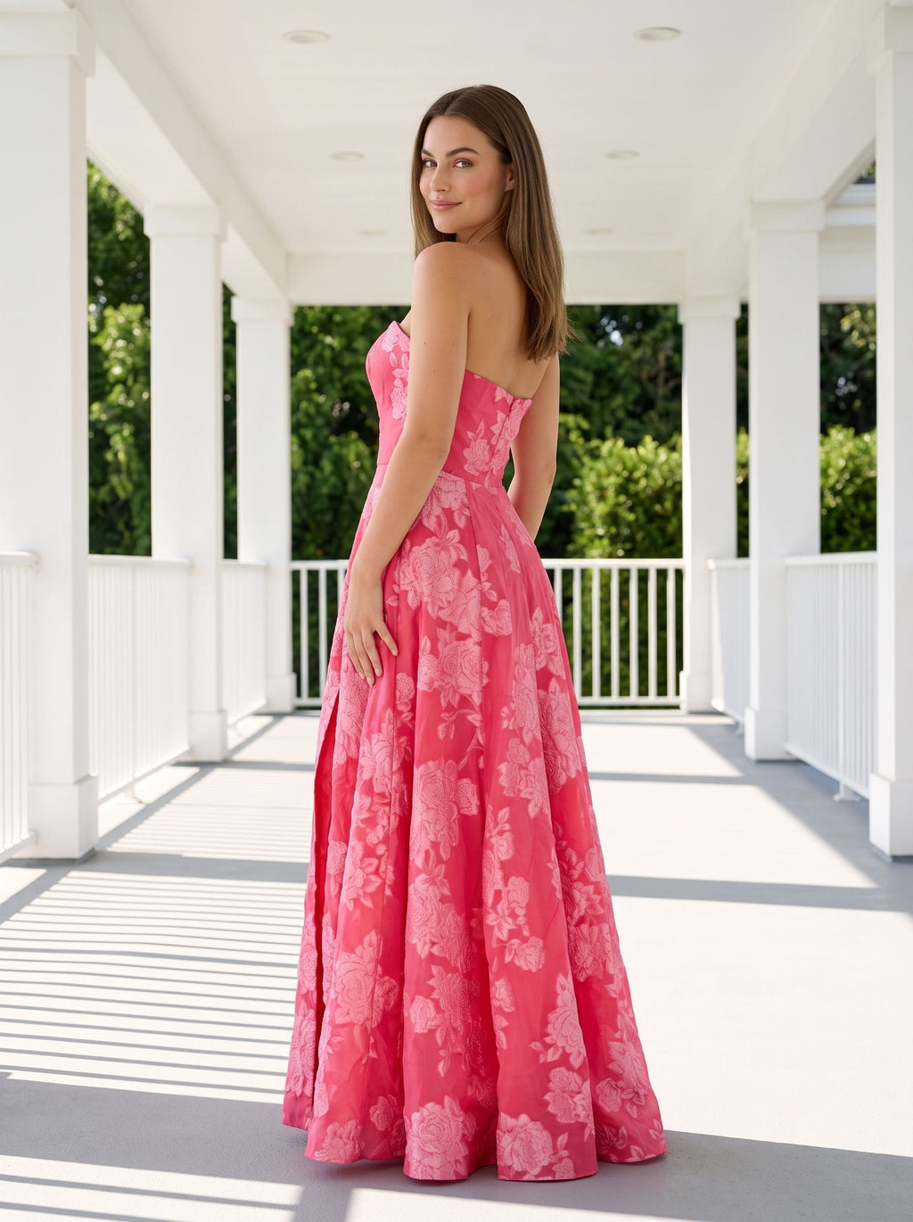 Pink Jacquard A-Line Straight Neck Back Zip Floor-Length Dress with Floral Embroidery - Curvevia
