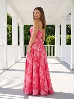 Pink Jacquard A-Line Straight Neck Back Zip Floor-Length Dress with Floral Embroidery - Curvevia