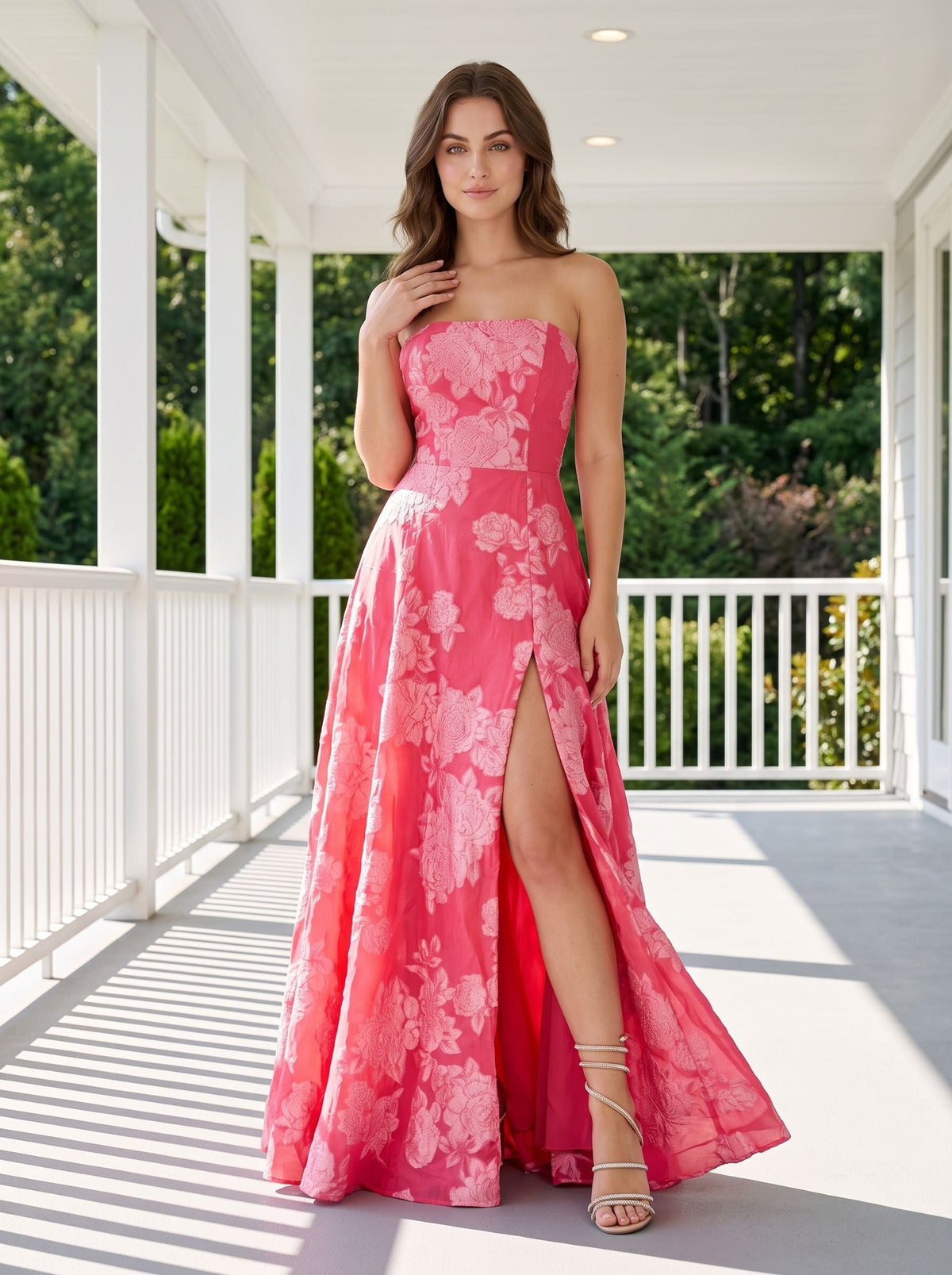 Pink Jacquard A-Line Straight Neck Back Zip Floor-Length Dress with Floral Embroidery - Curvevia