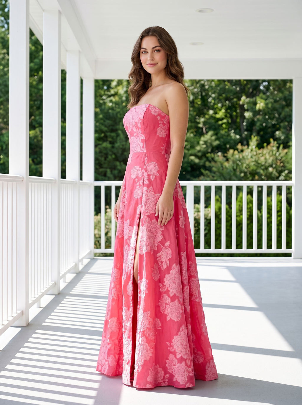 Pink Jacquard A-Line Straight Neck Back Zip Floor-Length Dress with Floral Embroidery - Curvevia