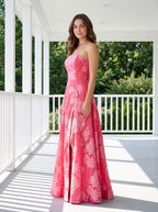 Pink Jacquard A-Line Straight Neck Back Zip Floor-Length Dress with Floral Embroidery - Curvevia