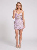 Lilac Lace A-Line Sweetheart Lace-up Short Dress with Beaded Florals - Curvevia