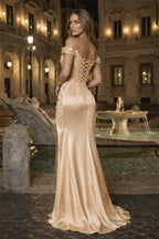 Burgundy Off The Shoulder Mermaid Beaded Satin Long Prom Dresses With Appliques - Curvevia