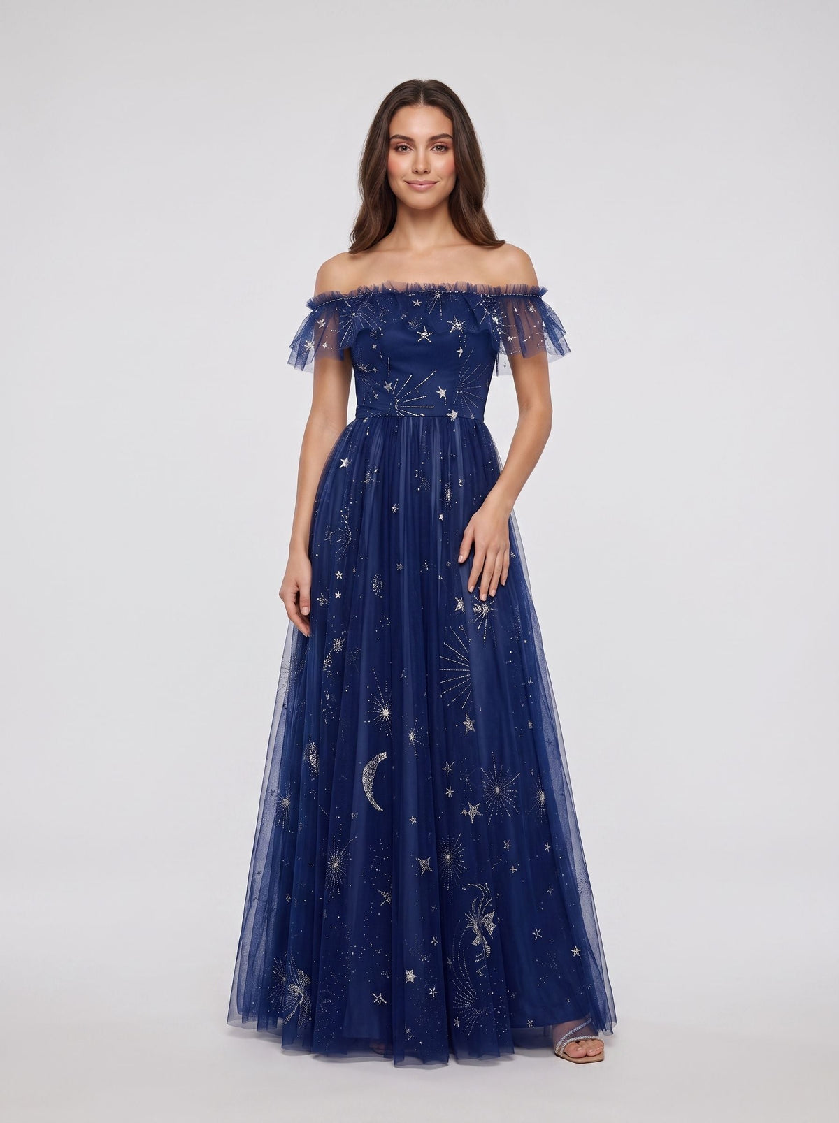 Dark Navy Tulle A-Line Off-the-Shoulder Back Zip Floor-Length Dress with Tiered Plisse Skirt - Curvevia