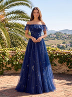 Dark Navy Tulle A-Line Off-the-Shoulder Back Zip Floor-Length Dress with Tiered Plisse Skirt - Curvevia