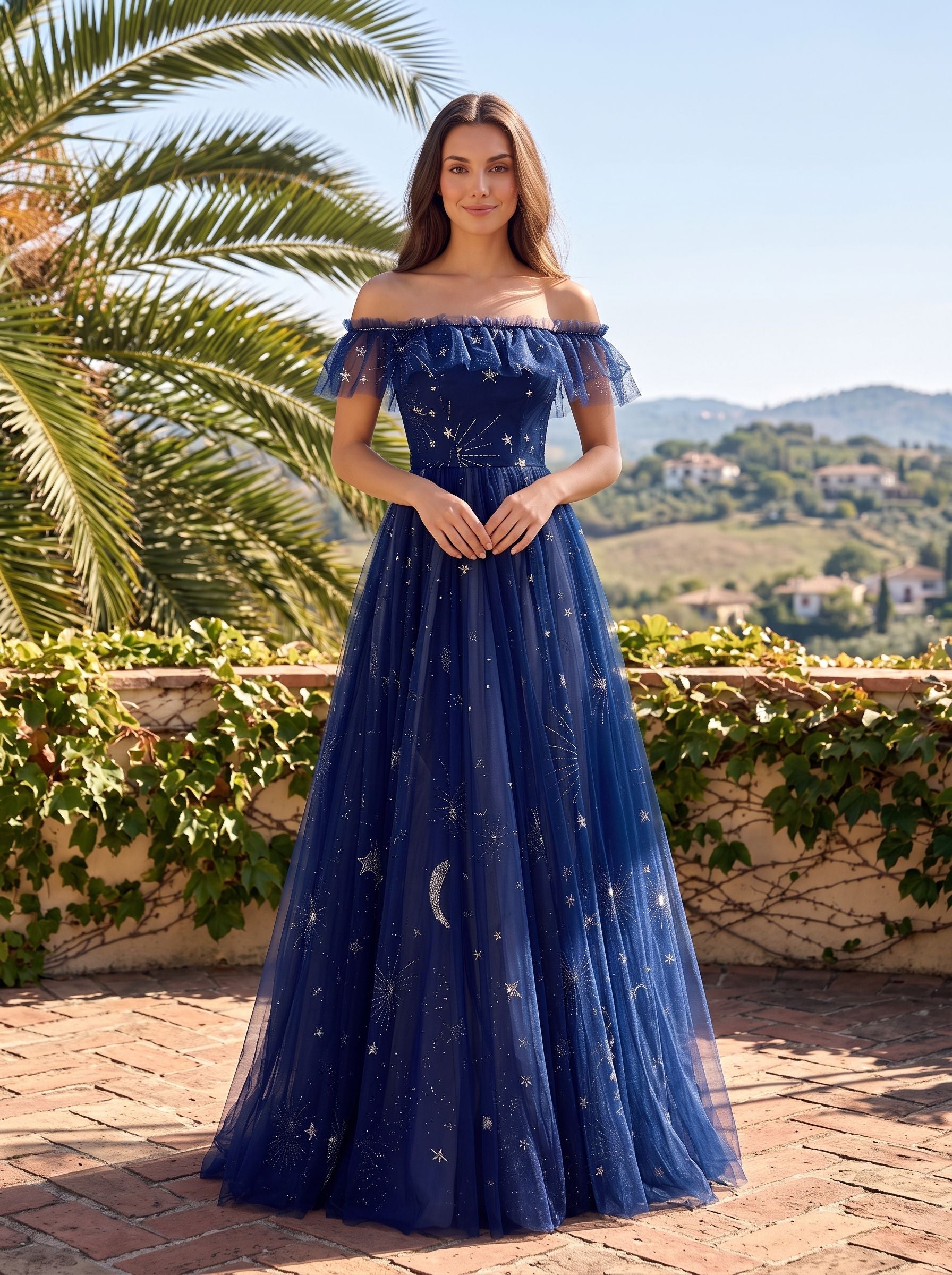 Dark Navy Tulle A-Line Off-the-Shoulder Back Zip Floor-Length Dress with Tiered Plisse Skirt - Curvevia