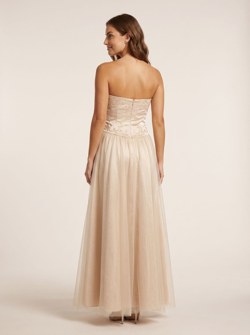 Champagne Satin A-Line Straight Neck Back Zip Floor-Length Dress with Embroidery - Curvevia
