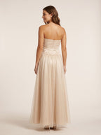 Champagne Satin A-Line Straight Neck Back Zip Floor-Length Dress with Embroidery - Curvevia