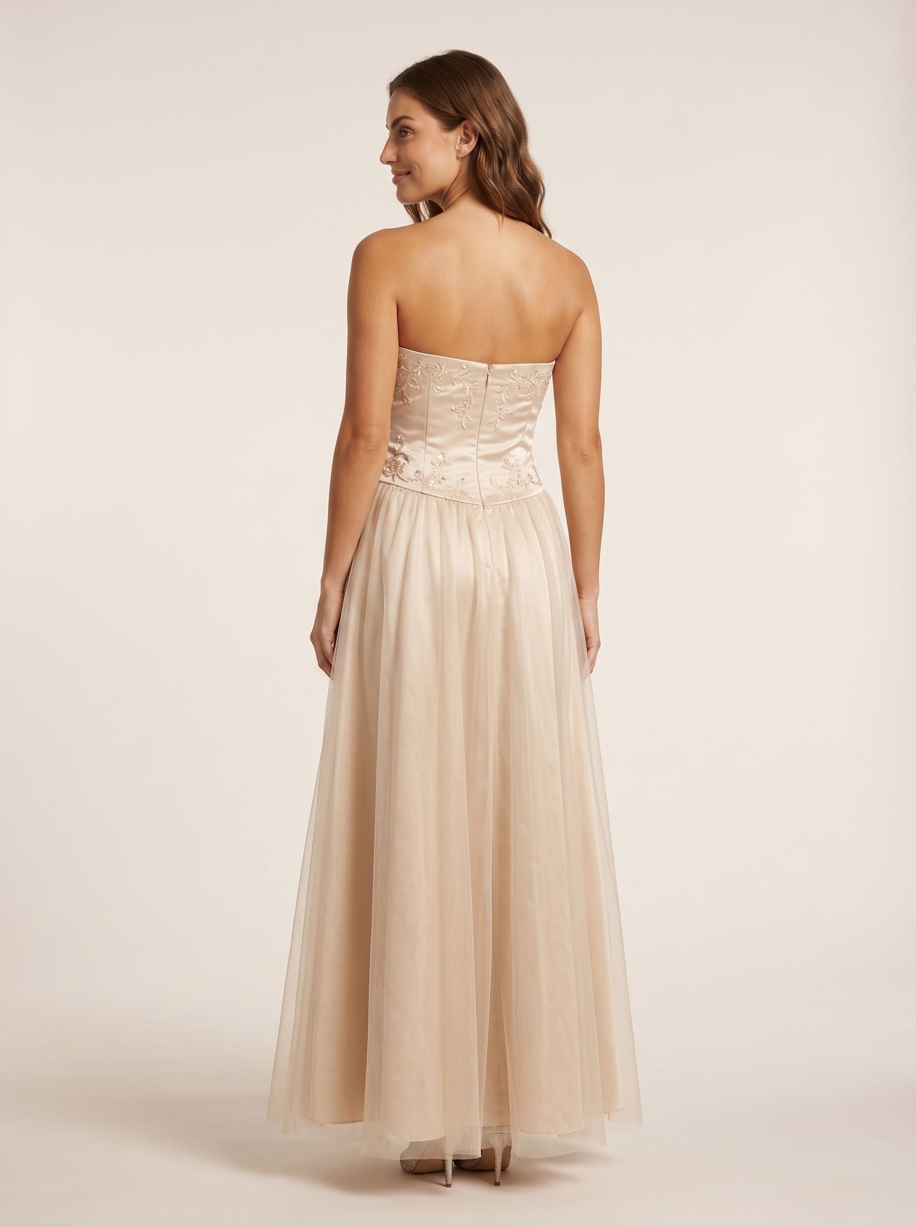 Champagne Satin A-Line Straight Neck Back Zip Floor-Length Dress with Embroidery - Curvevia