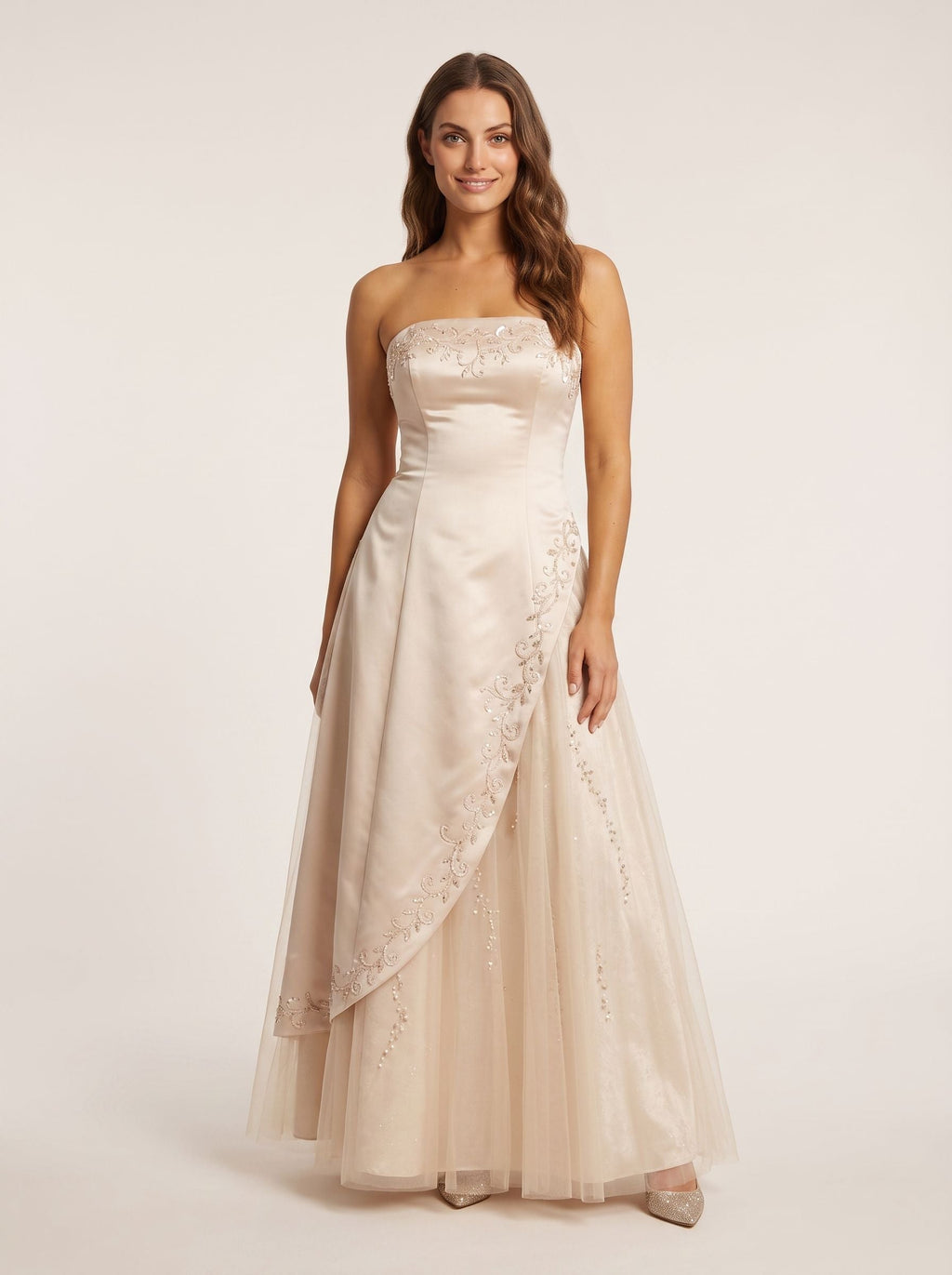 Champagne Satin A-Line Straight Neck Back Zip Floor-Length Dress with Embroidery - Curvevia