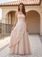 Champagne Satin A-Line Straight Neck Back Zip Floor-Length Dress with Embroidery - Curvevia