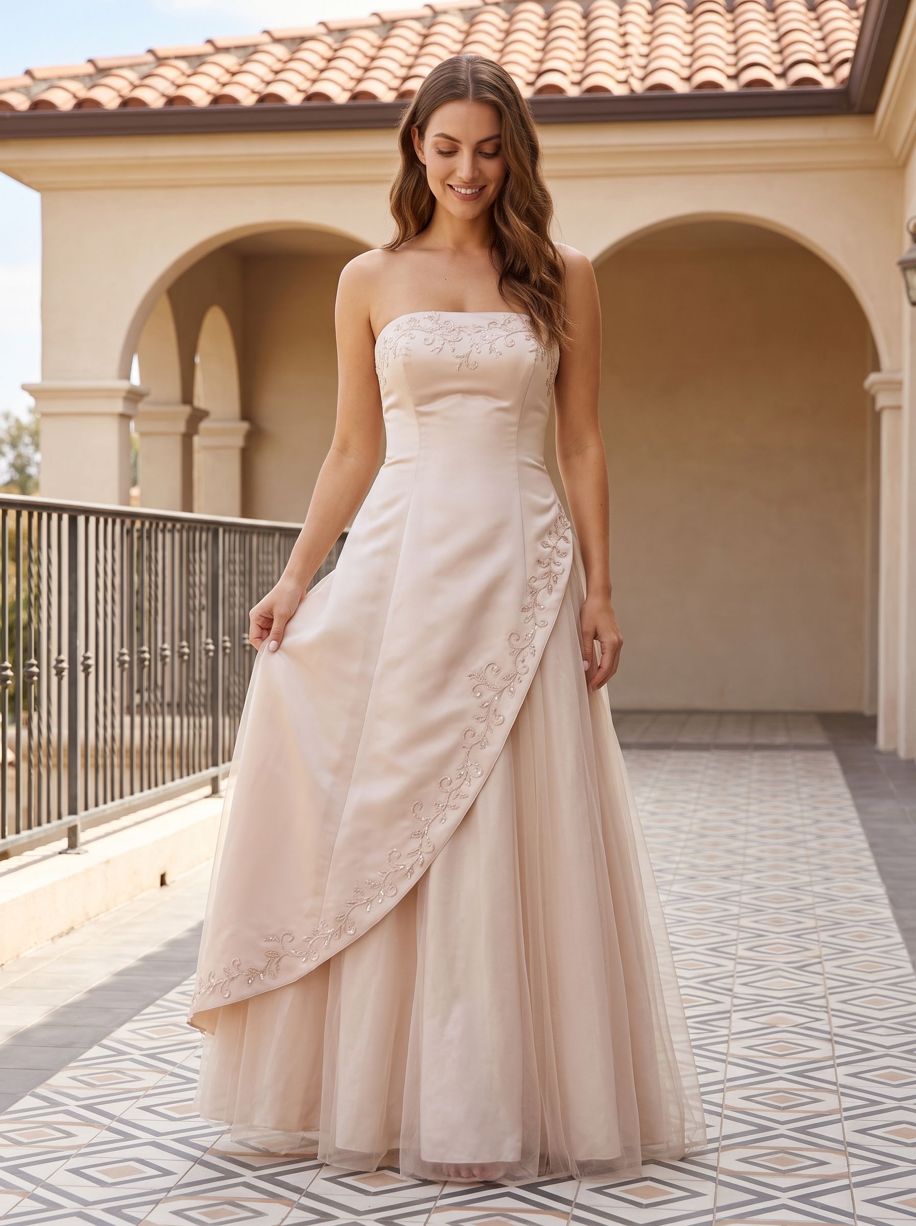 Champagne Satin A-Line Straight Neck Back Zip Floor-Length Dress with Embroidery - Curvevia