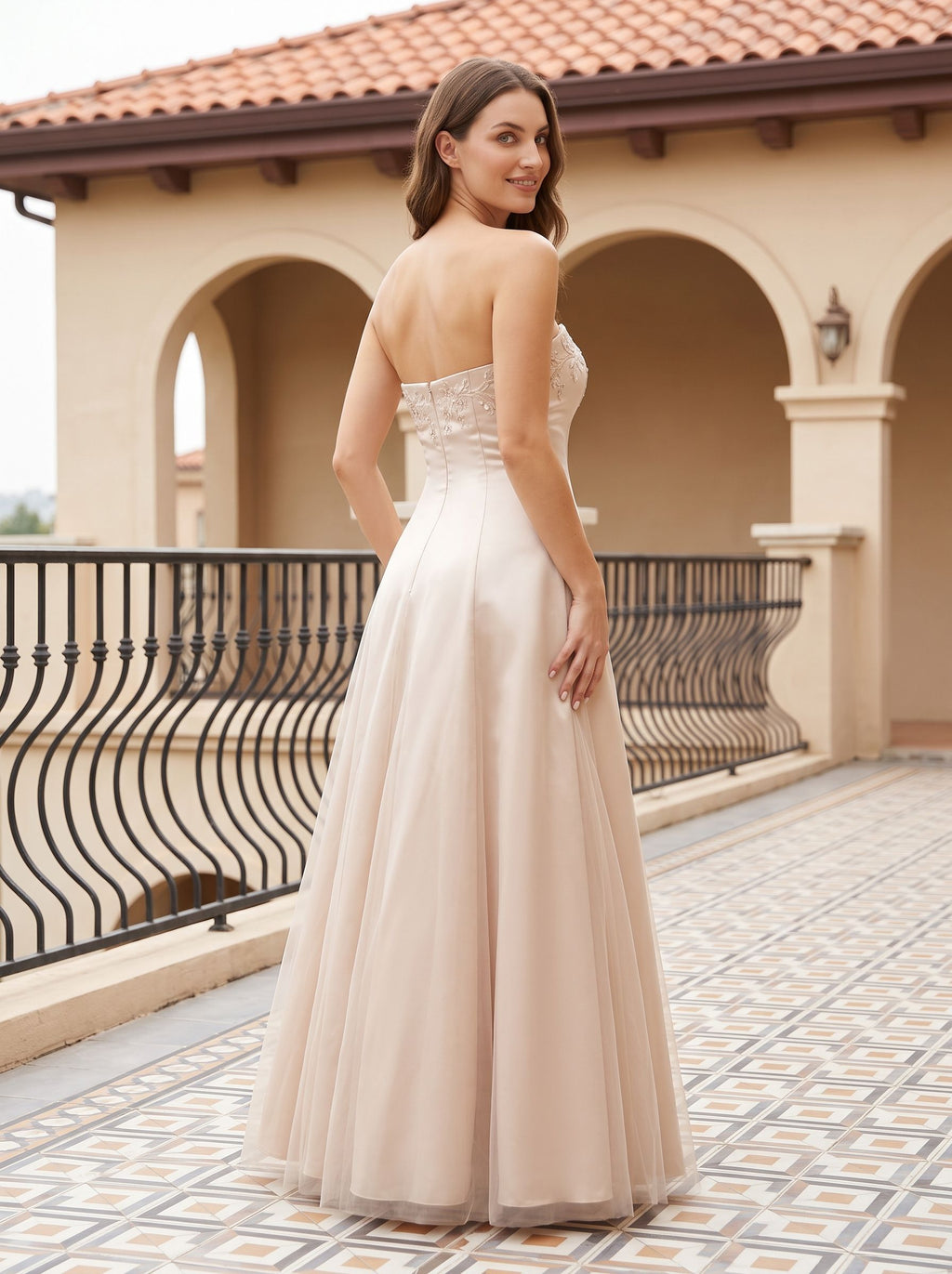 Champagne Satin A-Line Straight Neck Back Zip Floor-Length Dress with Embroidery - Curvevia