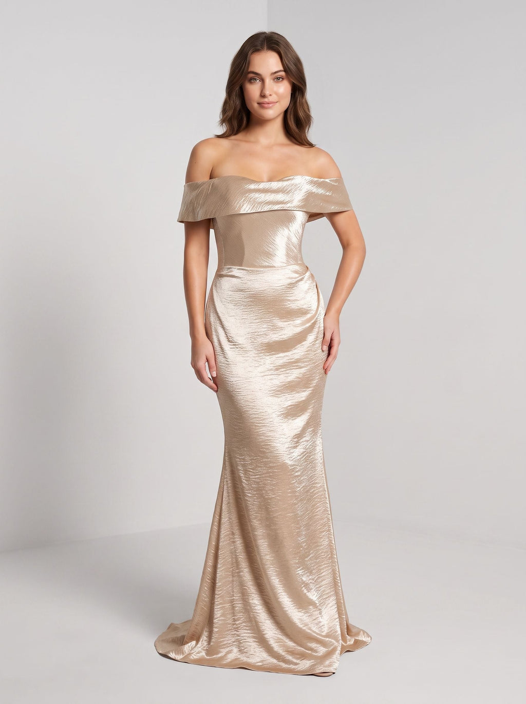 Champagne Satin A-Line Off-the-Shoulder Back Zip Floor-Length Dress with a Draped Bodice - Curvevia