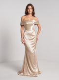 Champagne Satin A-Line Off-the-Shoulder Back Zip Floor-Length Dress with a Draped Bodice - Curvevia