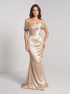 Champagne Satin A-Line Off-the-Shoulder Back Zip Floor-Length Dress with a Draped Bodice - Curvevia